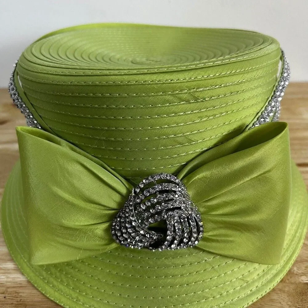 Vintage Lime Green Church Hat Rhinestone Bow Accent Derby Pillbox Style